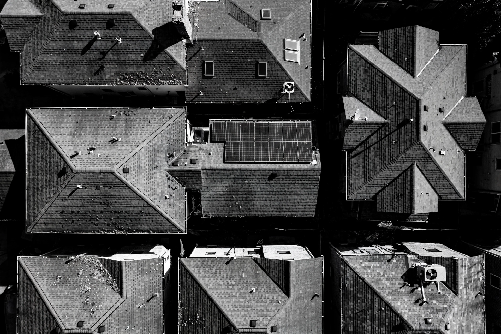 Aerial view of rooftops for inspection